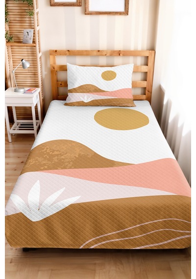 Geometrik Modern Hardal Genç Odası Tek Kişilik Pike Takımı-pudra Bej 160x220cm Kapitone Yatak Örtüsü Gizli Pencere Ufku