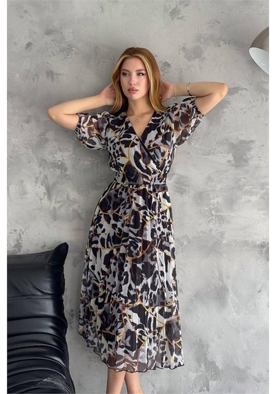 Dip Moda Kadın Kruvaze Yaka Desenli Şifon Elbise Dpnbq001 Siyah