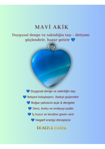 Doğal Taş - Mavi Akik Kalp Kolye Mavi