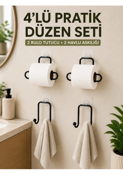 Duvara Yapışkanlı Rulo Kağıtlık Ve Havlu Askılığı 2 Şer Adet 4 Lü Set Antrasit Melanj