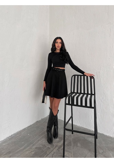 Ozy Fashion Kadın Siyah Renk Midi Boy Kemerli Süet Kloş Etek Siyah