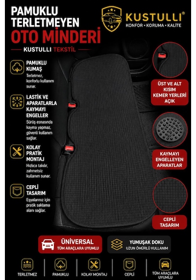 Kustulli 3'lü Pilot Terletmeyen Oto Koltuk Kilim Minder Cepli Model Siyah Ön Arka Koltuk Minderi