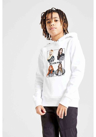Tshirthane Kpop Blackpink Black Pink Baskılı Unisex Çocuk Kapüşonlu Sweat Beyaz