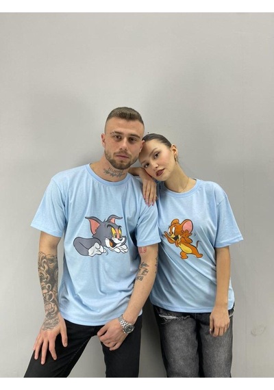 Flood Of Style Unisex Tshirt Bebe Mavi Tom Ve Jerry Baskılı Sevgili Çift Kombini 2 'li Set Bej