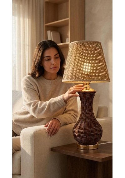 Ayrex Gold Ayak Kahverengi Hasır Rattan Örmeli Gövde Hazeran Ve Kumaş Şapkalı Bohem Abajur Masa Lambası