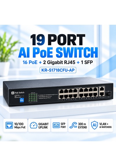Kr-s1718cfu-ap 19 Port Aı Poe Switch 16 Poe, 2 Gigabit Rj45 Uplink Ve 1 Sfp