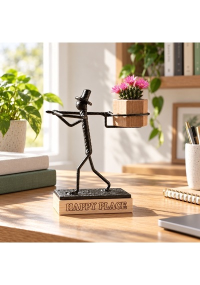 Kişiye Özel Sukulent Saksı Standı – El Yapımı Metal Heykel ve Ahşap Kaide SPH005