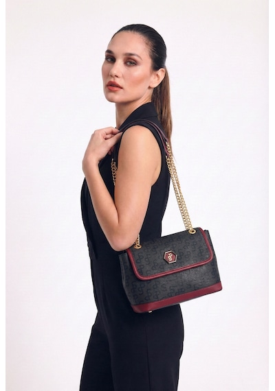 Silver Polo Çapraz Askılı Kadın Çanta Monogram Desenli Siyah-bordo 1084 Siyah - Bordo