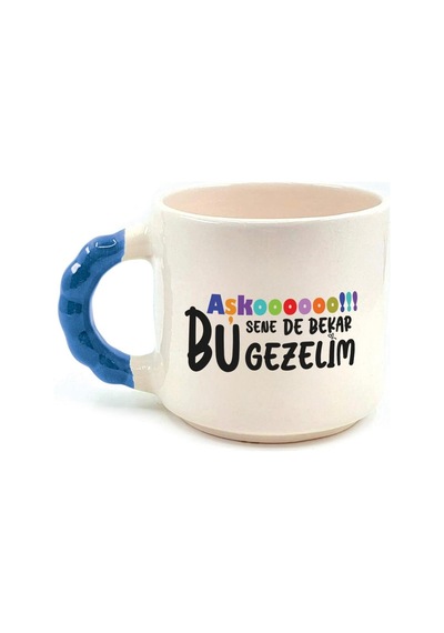 Mor Mürekkep Aşkoooooo Baskılı Mavi Kulplu Boncuk Kupa