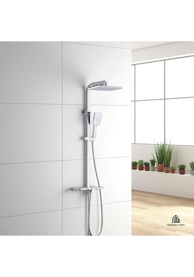 İsaoğlu Yapı Banyo Duş Sistemi Tepe Yağmurlamalı Kare Borulu Kare Tasarım Premium Duş Başlığı Gri