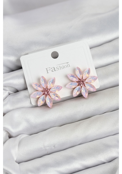 Pembe Renk Kristal Taşlı Lotus Çiçek Model Kadın Küpe - Lisinya