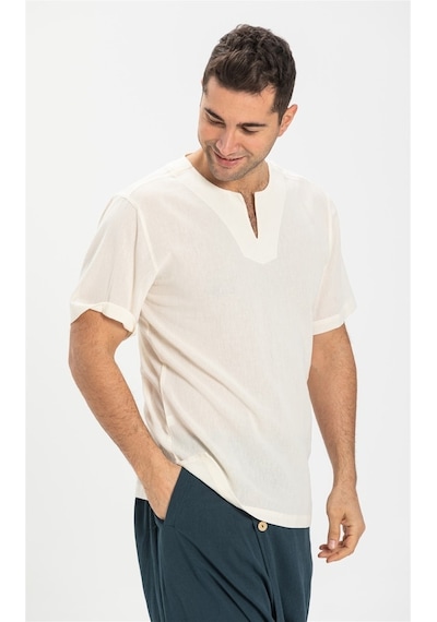 Büyük Beden Kısa Kol Şile Bezi Bisiklet Yaka Erkek Tshirt Krem 30
