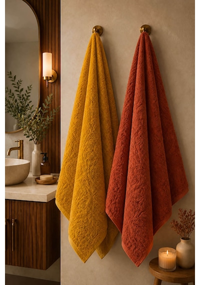 2'li Jakarlı Büyük Boy Banyo Havlusu 90x150 Cm Lorea 650 Gr Kiremit-hardal
