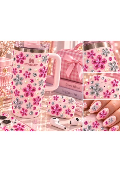 Pembe Gümüş Taş & Çiçek İncili Rhinestone Sticker Yapışkanlı Yüz, Tırnak, Vücut Ve Süs Taşı Çok Renkli