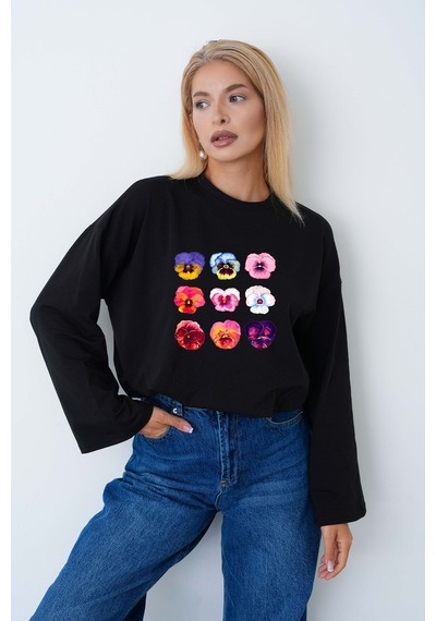 Herkesemoda Çiçek Baskılı Tesettüre Uygun Uzun Kollu Body Siyah