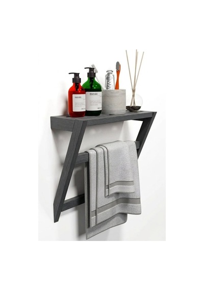 Matkap Gerektirmeyen Ahşap Banyo Rafı Ve Havluluk - 50x40 Cm - Yapışkanlı Duvar Rafı Gri