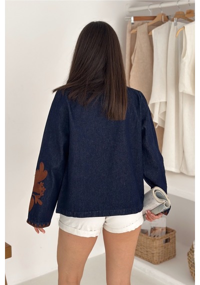 Femelle Kadın Lacivert Vintage Nakışlı Kot Denim Ceket Kahverengi