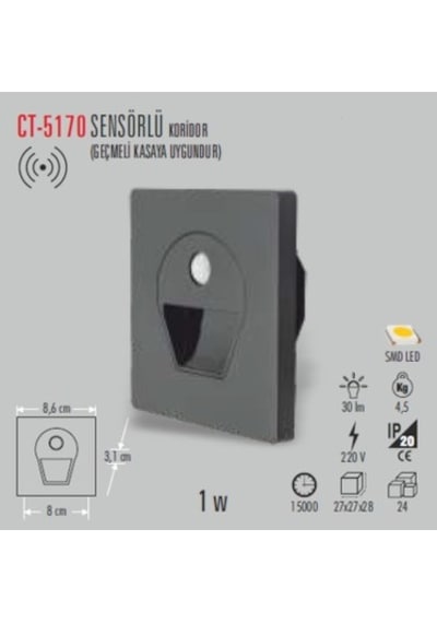 Cata Ct-5170 Siyah Kasa Sensörlü Kordidor Fotoselli Armatür 1W Gün Işığı N11.4164 Siyah