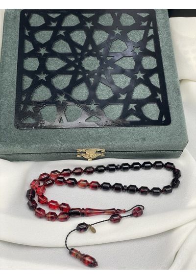 Ayhan Turan İmzalı El Boy Kapsül Kırmızı-siyah Sıkma Kehribar Tesbih 7x10 Mm