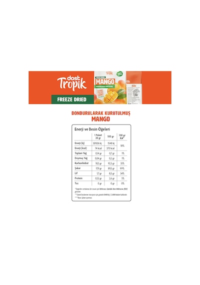 Dondurularak Kurutulmuş Mango 20 G Freeze Dried Meyve Cipsi Çıtır Meyve Kurusu 2 Adet