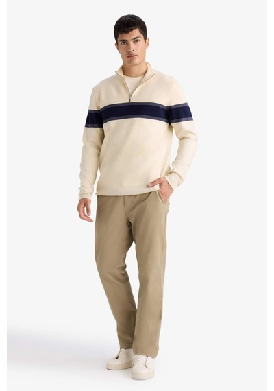 Defacto Slim Fit Dar Kesim Dik Yaka Fermuarlı Renk Bloklu Triko Kazak Y4193az25wnbg187 Bej