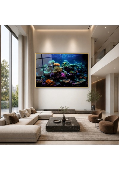 Koyu Mavi Derinlikte Canlı Renkli Mercan Kayalıkları Gold Çerçeveli Cam Tablo