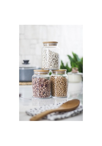 3 Lü Set Bambu Kapaklı Cam Kavanoz & Erzak Saklama Kabı 800 Ml Orta Boy Vakum Kapak Düz Renkli