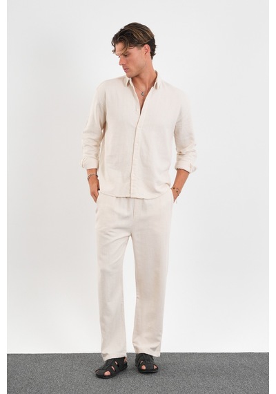 Flare Kışlık Baggy Pantolon Oversize Gömlek Alt Üst Takım %100 Pamuk Bej