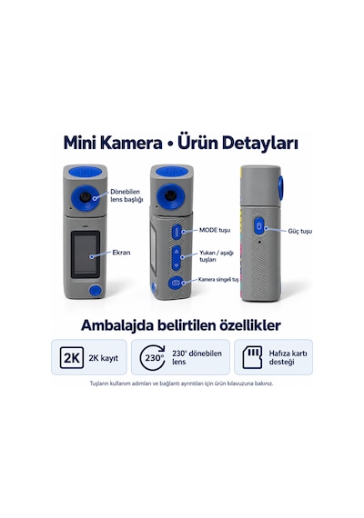 Mini Aksiyon Kamera 2k Çözünürlüklü Ekranlı Taşınabilir Seyahat Kamerası Gri-mavi