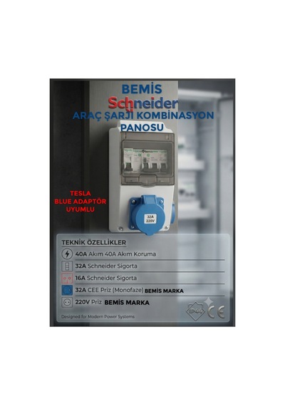 Sigortalı 7.5 Kw - 32 Amper Elektrikli Araç Şarjı İstasyonu Type 2 Ev Charger Mavi Prizli Kombinasyon Panosu - 918589308