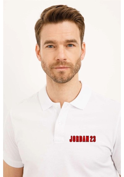 Erkek Pike Polo Yaka Tişört Düğmeli Baskılı T-shirt - Beyaz
