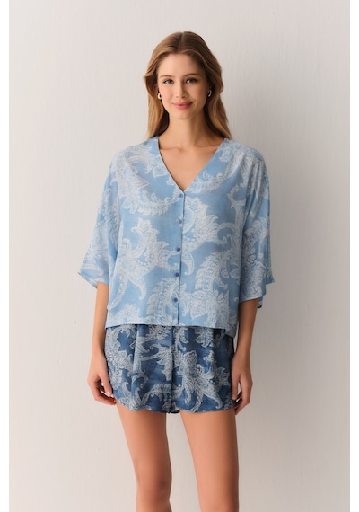 Suwen Paisly Gömlek Yaka Şort Pijama Takımı Sh26505667b628 Lacivert
