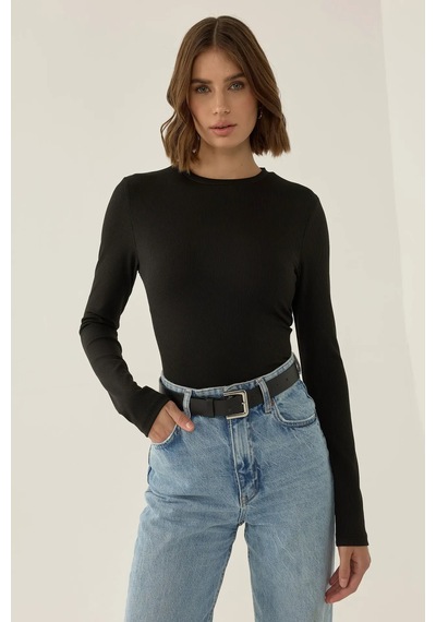 Hiccup Dar Kesim Uzun Kollu Bisiklet Yaka Bodysuit Siyah