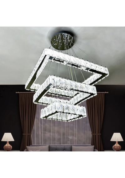 Kare 3 Kat Kristal Taşlı Modern Led Avize Salon & Oturma Odası Renkli