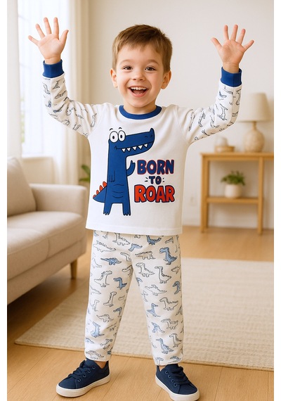 Hçm Erkek Çocuk Pijama Takımı Dinozor Baskılı Bisiklet Yaka C65 Mavı