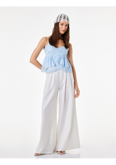 Koton Pamuklu Kruvaze Yaka Kolsuz Dantel Detaylı Crop Top Mavi 6sal60062ıw