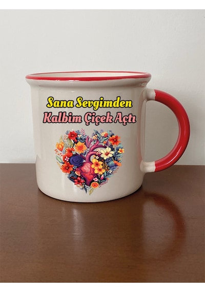Sana Sevgimden Kalbim Çiçek Açtı Kırmızı Ağızlı Kupa Bardak - Seramik Çay, Kahve Hediyelik Bardağı Beyaz