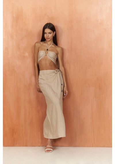 Mai Collection Mai Studios Co. Lovina Çizgili Bej Crop Etek Takım Bej