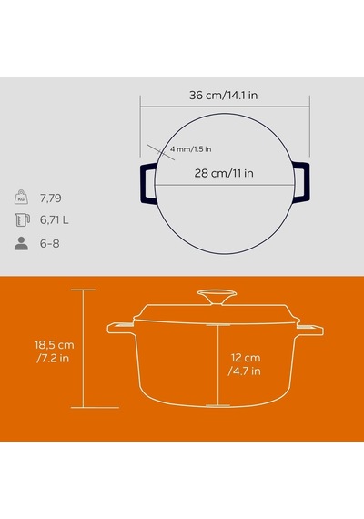 Lava Döküm Yuvarlak Tencere, Trendy, 28 Cm, 6.71 L Hacim, Turuncu Diğer