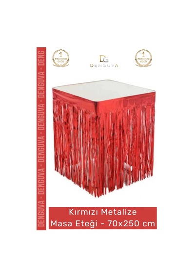 Masaeteği Kaliteli Parti Malzemesi Püsküllü Şık Dekoratif 70x250 Cm Metalize Masa Eteği Kırmızı Çok Renkli