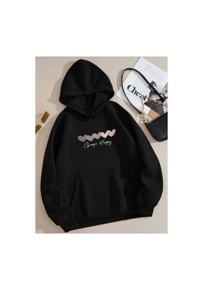 Medinenur Kalp Desenli Kapüşonlu Sweatshirt siyah
