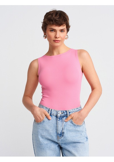 Dilvin 20868 Kayık Yaka Kolsuz Top-pembe Pembe