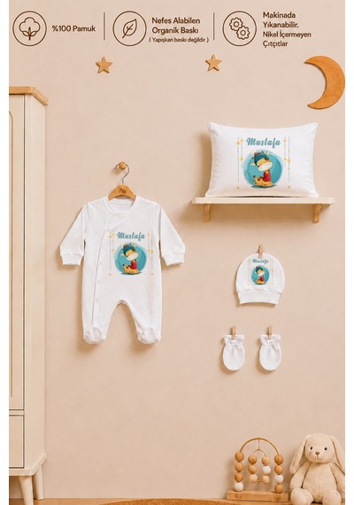 Pia Baby İsme Özel Erkek Bebek Tulum Seti %100 Pamuk Organik Baskılı Yastık Kılıfı Ve Battaniyeli Tulum 2082tyb3x Ekru