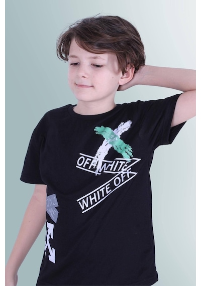 Panios Kids X Baskılı Sıfır Yaka Erkek Çocuk Siyah T-shirt Siyah