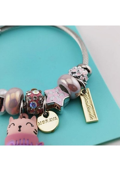 Pembe Charm Detaylı Kadın Bileklik Sevimli Figürlü Çelik Charm Bileklik Gümüş