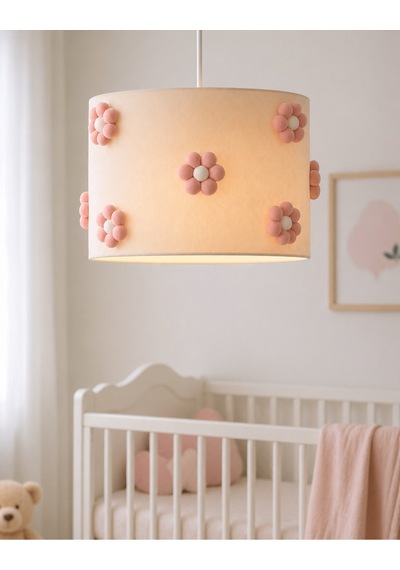 El Yapımı Ponpon Çiçekli Bebek Odası Avizesi 30x20 Cm Pudra Krem Çocuk Odası Aydınlatma Pudra Pembe