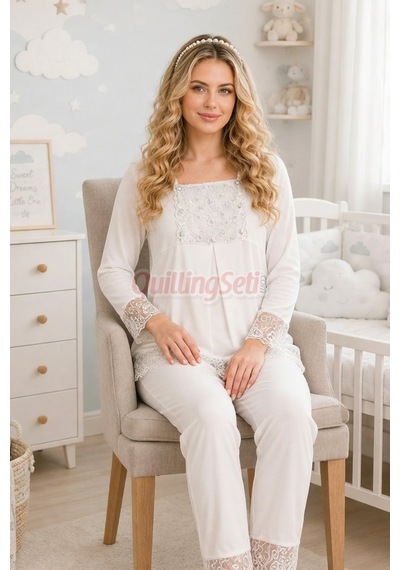 Lady Ekru Renkli, Dantel Detaylı, 33203 Uzun Kol, 2 Parça Lohusa Hamile Pijama Takımı
