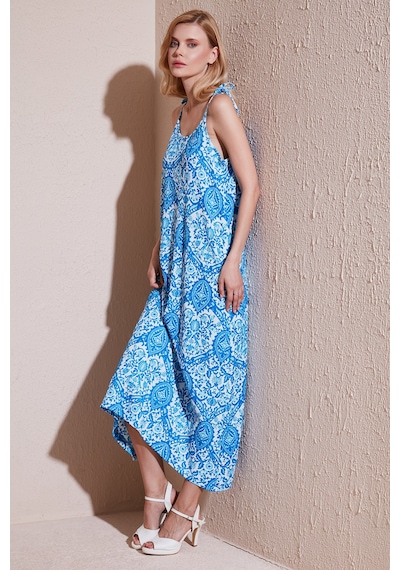 Lela Regular Fit Ip Askılı Uzun Bayan Elbise 5865732 Mavi