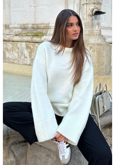 Madmext Beyaz Bisiklet Yaka Oversize Triko Kazak Mg1972 Beyaz