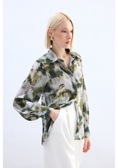 Sateen Desenli Gömlek - Haki-136913 haki